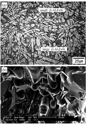 Fig. 3.  (a) typical microstructure of No. 1 specimen showing the primary  β -phase and eutectic of  β - and  α -Al phases and (b) mutual growth of  β  and  α -Al showing tendency to block each other in the pore areas.