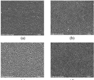 Fig. 5. SEM photos of the MgO thin film deposited by NBAD method (a) No NBAD, (b) 100 eV, (c) 300 eV, and (d) 500 eV.