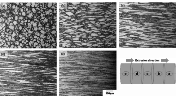 Fig. 10. Optical microstructures of semi solid AM100A Mg alloy billet as extrudate position (a) compaction zone, (b), (c), (d) deformation zone and (e) extrudates.