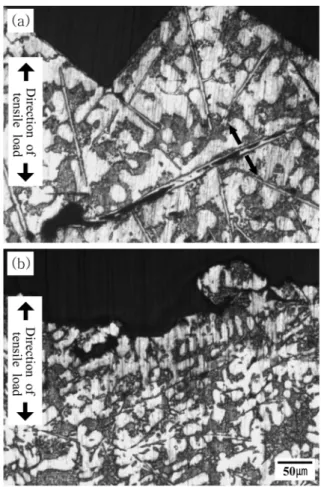 Fig. 8. Fractographic microstructures showing the origin of crack propagation in (a) M-1 and (b) M-4 tensile specimens