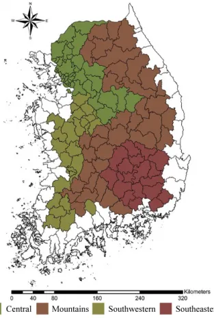 Table 2. Lists of administrative districts by mountainous regions (NIFOS, 2009)