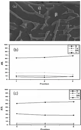 Fig. 7. The (a) SEM and EDX quantitative analysis(b, c) of nitride Ti-10Ta-10Nb  alloy.