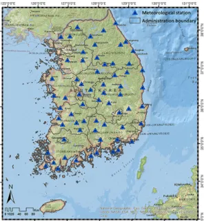 Fig. 1. Location of meteorological stations for the acquisition of  data in South Korea