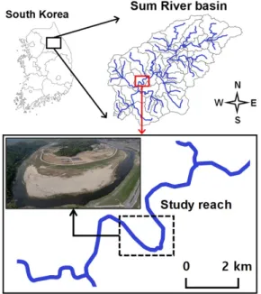 Fig. 4. Study section with (a) location of cross-sections, and (b) and (c) photos of the tracer testFig