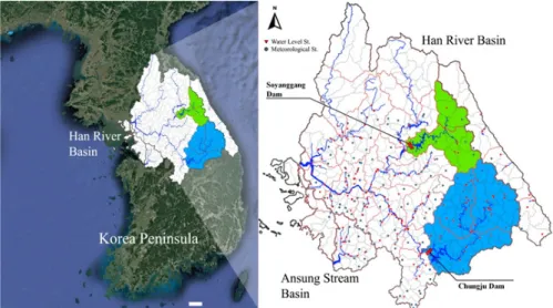 Fig. 4. Study area and dam; red rectangular indicate the location of each dams, and colored area indicate that the upper basin area of each dam