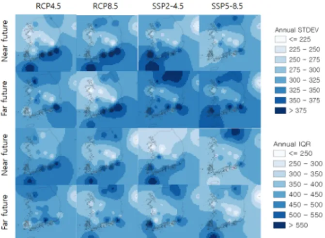 Fig. 11. Spatial distributions of STDEVs and IQRs in monthly precipi- precipi-tation for winter season