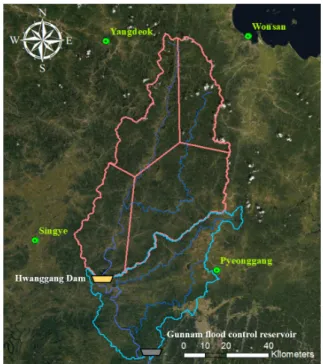 Fig. 2. Thiessen polygon of Hwanggand dam basin using weather  stations in North Korea
