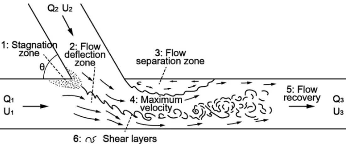 Fig. 1. Typical flow regimes and their characteristics in river confluence (Best, 1987)