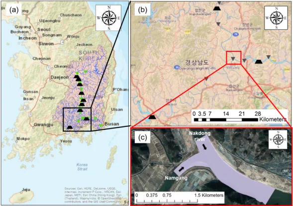 Fig. 2. Study area where the confluence of Nam and Nakdong river is location and its various spatial scales: a) Nakdong River basin; b) regional  location; c) the shape of the confluence in the higher spatial resolution
