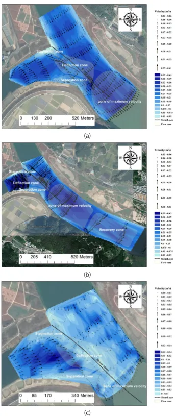 Fig. 4. Hydrodynamic velocity distribution in the vicinity of the con- con-fluence between Nam and Nakdong river, which were measured  and depth-averaged by using ADCP moving boat measurements at: (a) April 28; (b) April 29; (c) June 16