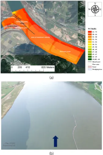 Fig. 7. Comparative analysis in terms of visual inspection between  ADCP backscatter near the water surface, UAV-based aerial  mixing pattern, and actual suspended sediment distribution  monitored in the downstream vicinity of the confluence at a  concurre