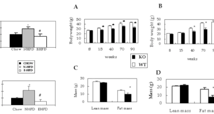 Figure  7.  (A)  NF-kB  DNA  binding  activity.  Nuclear  proteins  were  isolated  from  white  adipose  tissue  and  EMSA  performed  to  compare  nuclear  NF-kB  binding  activities  in  Chow,  HFD  and  EHFD  groups