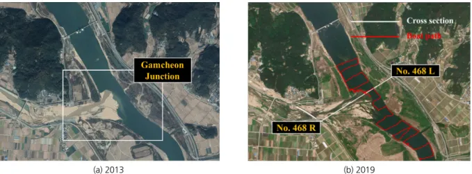 Fig. 7. Morphological planform of the confluence zone in the year of 2013 and 2019