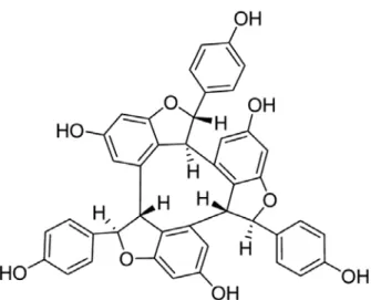 Figure 1. Structure of  α-viniferin.지를  검토하였다.2. 실험재료 및 방법2.1. 시약 및 기기  산거울(Carex humillis)은 경동 약업 시장에서 구입한 것으로 음건 후 지상부를 제거한 뿌리 부분만을 사용하였다