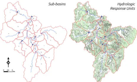 Fig. 5. Sub-basins and hydrologic response units of the developed SWAT model Table 3. Characteristics of land use and soil in the developed SWAT model