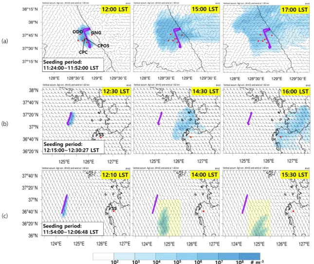 Fig. 4. Diffusion results of seeding material (AgI) by numerical simulation for three experimental cases