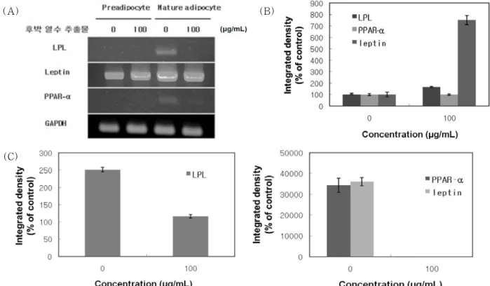Figure 6. Effects of  Magonalia officinalis  extract on mRNA expression of LPL, leptin and PPAR-α in 3T3-L1 cells