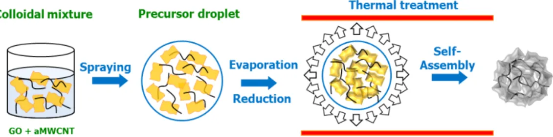 Fig.  1.  Schematic  illustration  of  the  formation  of  MWCNT/GR  composite  from  colloidal  mixture  of  MWCNT  and  GO  via  aerosol  spray  pyrolysis.