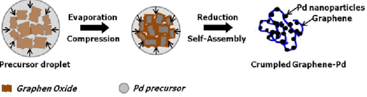 Fig. 1. Schematic  illustration  of  the  formation  of  GR-Pd  composite  from  colloidal  mixture  of  Pd  precursor  and  GO  via  aerosol  spray  pyrolysis.