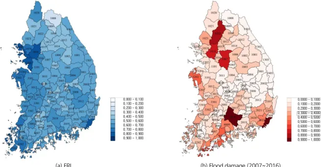 Fig. 4. Comparison between the estimated FRI and observed flood damage (2007~2016)