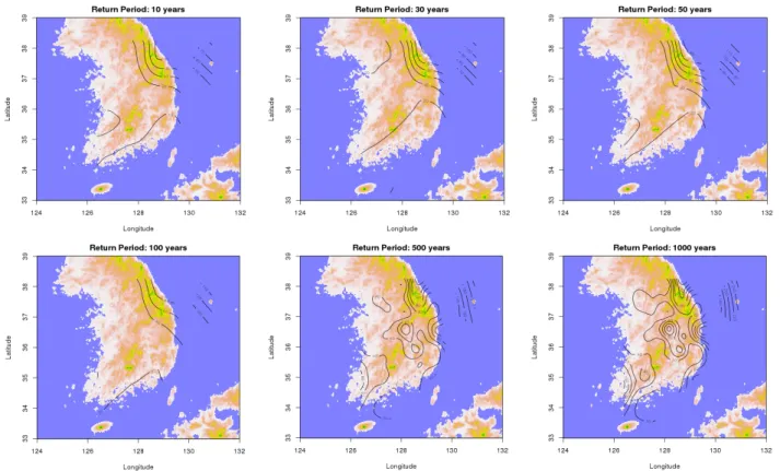 Fig. 5. Probable snow depth (cm) with conditional joint probability distribution (10, 30, 50, 100, 500, and 1,000 years of frequency)