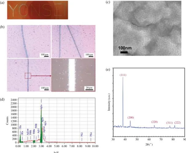 Figure 10. Results of silver ELD. (a) Photo of the silver pattern. (b) Optical microscopy images of the silver pattern