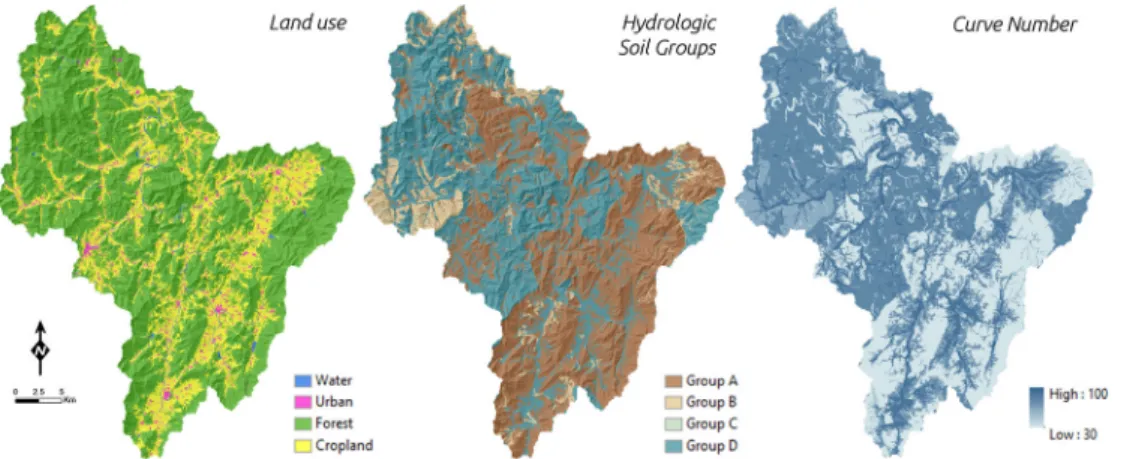 Fig. 4. Land use, hydrological soil groups, and curve number of study area