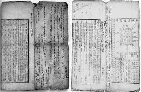 그림 4. 선조 13년(1580) 경진년(庚辰年) 역서의 제1면 월력장(月曆張)과 제2면 연신방위도(年神方位圖), 제3면인 정월장(正月張), 국립민속박물관 소장본