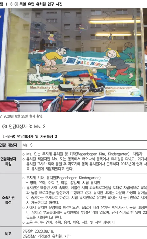 [그림  Ⅰ-3-3]  독일  유럽  유치원  입구  사진 참조:  2020년  8월  25일  현지  촬영 (3)  면담대상자  3:  Ms.  S. <표  Ⅰ-3-9>  면담대상자  및  기관특성  3 면담  대상자 Ms