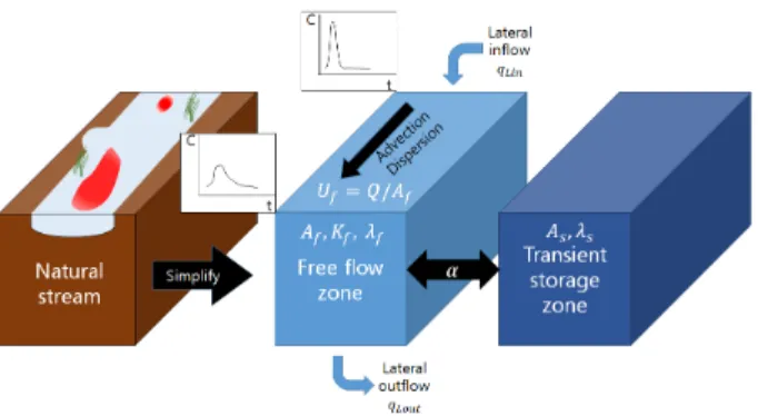 Fig. 1. Schematic of the transient storage zone model