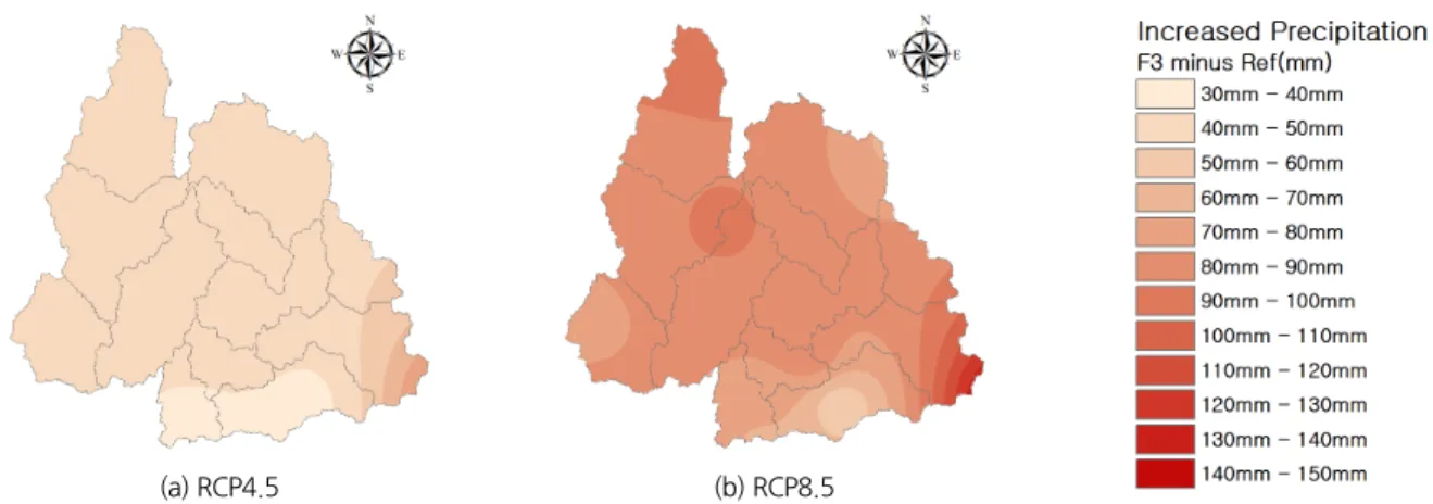 Fig. 6. Spatial distributions of increased precipitation F3 minus Reference (mm)