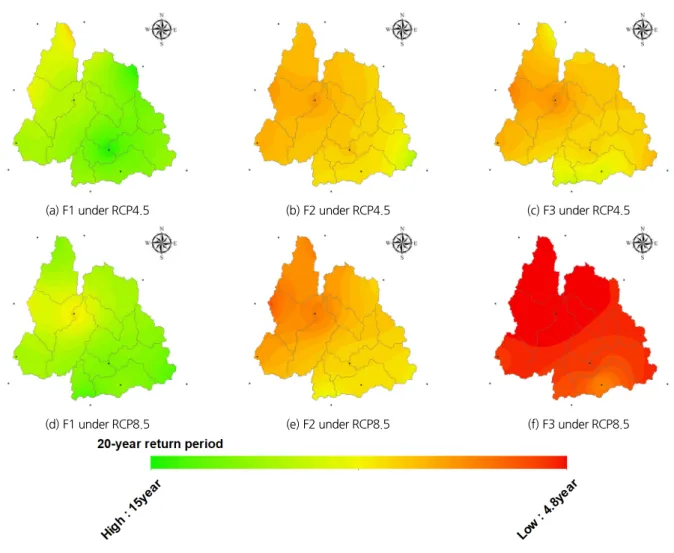 Fig. 8. Spatial distributions of future change in 20-year return period