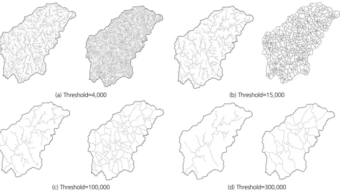 Fig. 11. Delineated river network and catchment within Seom River basin, where different threshold to define initial location of flowlines
