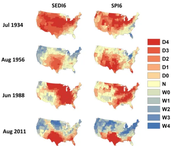 Fig. 4. Maps of SEDI6 and SPI6 for major drought months in the CONUS. The thresholds for classifying drought conditions (D4 to D0) were –2.0, -1.6, -1.3, -0.8, and -0.5