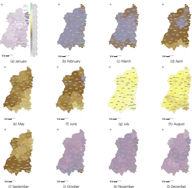 Fig. 4. Spatial changes of monthly baseflow index in nakdong river watershed