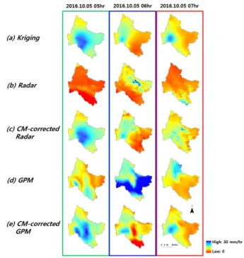 Fig. 6. Comparison of spatial distributions of Radar, GPM, and CM  results during the CHABA period (2016.10.05