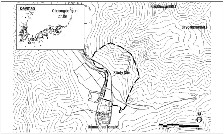 Figure 1. Location map of the study site 지는 우수한 경관의 소나무림은 운문사의 역사와 더불어 문화경관림으로서의 가치를 높이고 있을 뿐 아니라, 아름다운 자연경관으로 보존해야 할 필요성을 높은 지역이라 할 수 있다