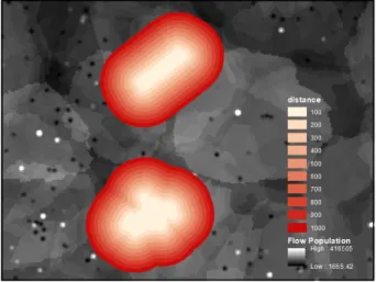 Figure 4. Distance from the park and the floating population 설을 검증했다. 해당 회귀분석 전에 일차적으로 이론적 근거를바탕으로 종속변수인 범죄의 특성과 독립변수에 대한 논리성을 그래프 분석, 상관성 분석을 통해 대해 검토하였다
