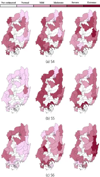 Fig. 7. Change of water supply failure risk of P1 (left), P2 (middle),  and P3 (right) based on maximum JMDI estimated from RCP  8.5 scenario 