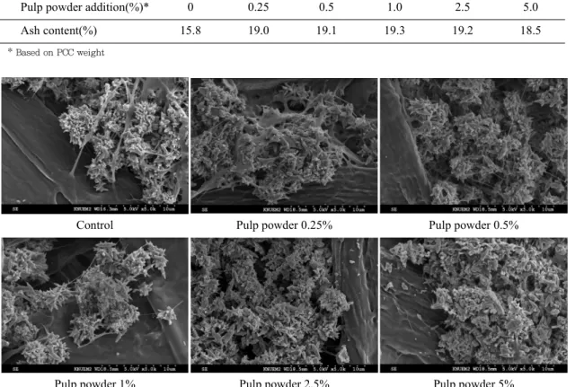 Fig.  1.  SEM  images  of  PCC  treated  with  pulp  powder.