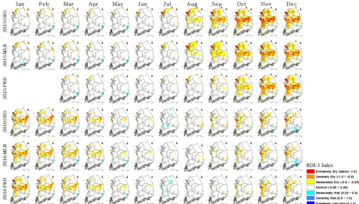 Fig. 4. National RDI-3 distribution of OBS, MLR, PRD OBS: Observed RDI-3, MLR: Multi-regression simulated RDI-3, PRD: GS5 prediction RDI-3
