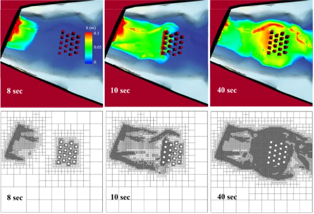 Fig. 6. Simulated water depth and mesh in urban flood experiment simulation