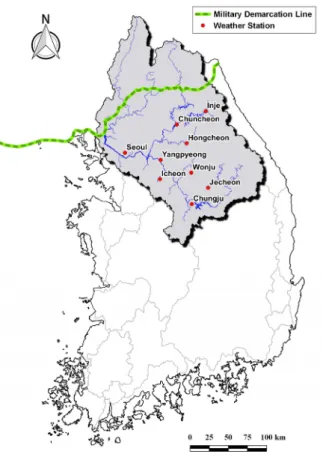 Fig. 2. Location of Han river basin and weather stations used in this  study