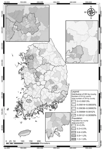Fig.  4.  Geographical  distribution  of  dental  hygienists  (DH)  per  county-based  population