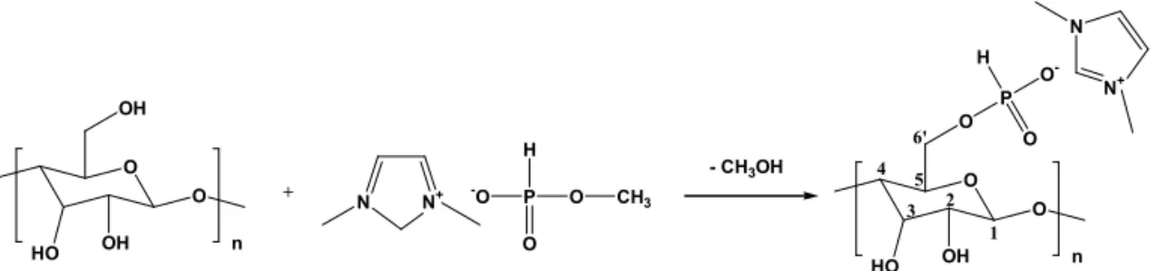 Fig.  11.  Schematic  illustration  of  the  phosphorylation  of  cellulose  with  [Dmim][(MeO)(H)PO 2 ].