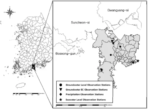 Fig. 2. Study area and locations of observation stations
