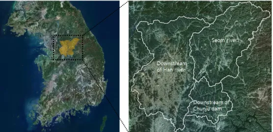 Fig. 12. The location of test bed to test the newly developed data model (Seom river, downstream of Han river and Chunju dam)