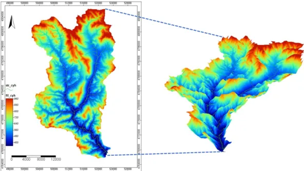 Fig. 1. 2D view and 3D plot of DEM for Choyang creek basin