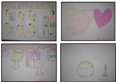 그림 부록2 .2회기 :목표정하기 작품예시4)  나누기  및  마무리 해와  달은  틀리면  어쩌나  하는  불안감으로  연필로  작업을  시작하였고,  쭉쭉빵빵  강여사와  양순이는  많이  망설이는  태도가  관찰되었다