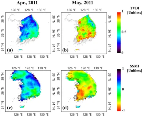 Fig. 5. Spatial distribution of the TVDI, and SSMI at April and May in 2011